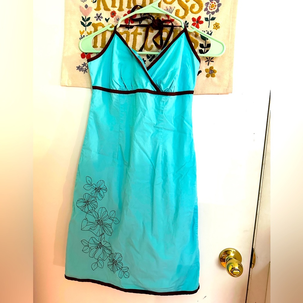 Y2K Xhilaration Teal & Brown Floral Embroidered Summer Halter Dress Vintage